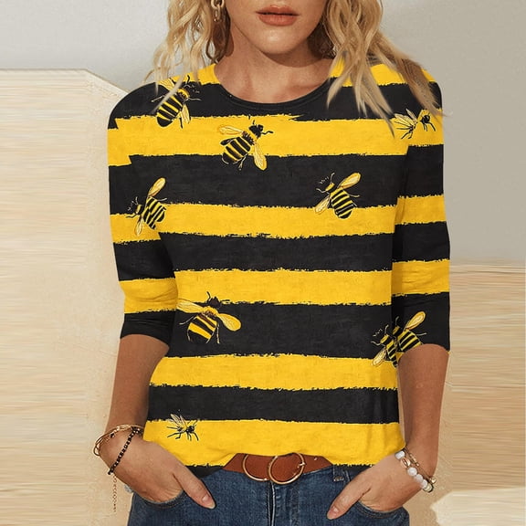 LYEAA Ladies' Three Quarter Sleeve Festival Blouse Bee Pattern Round Neck Casual Tops Soft Cotton Summer Comfort Wear Yellow XXXXL