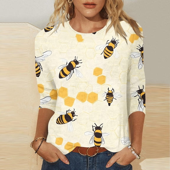 LYEAA Ladies' Three Quarter Sleeve Festival Blouse Round Neck Bee Print Casual Top Lightweight Breathable for Outdoor Activities Yellow M