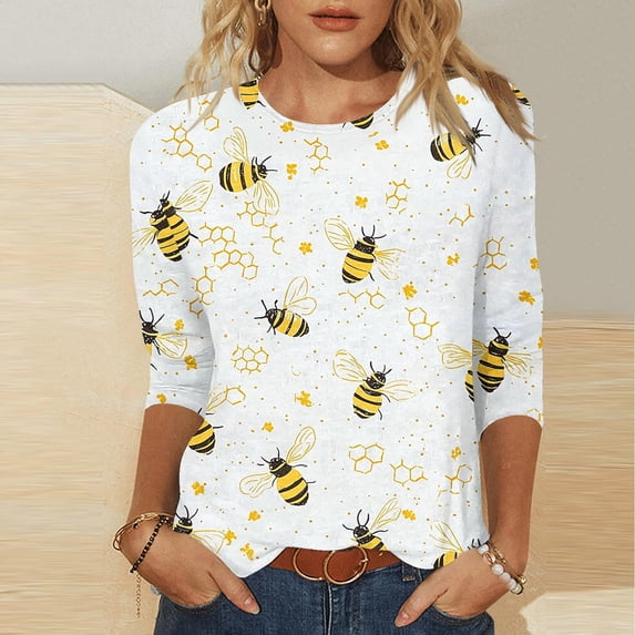 LYEAA Ladies' Three Quarter Sleeve Festival Blouse Round Neck Bee Print Casual Top Lightweight Breathable for Outdoor Activities Yellow XXXXL