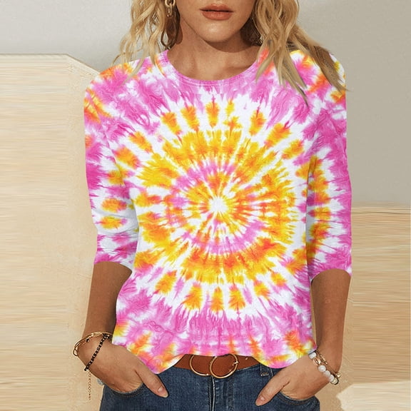 LYEAA Ladies Three Quarter Sleeve Round Neck T-Shirt Breathable Cotton Casual Solid Color Loungewear Top Stretchy Comfortable Basic Tee for Home Orange XXL