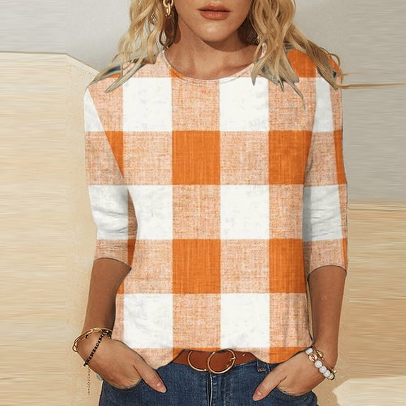 LYEAA Ladies Tops 3/4 Sleeves Large Plus Size Crew Neck T-shirt Fashion Checkered Tees Loose Soft Comfortable Blouse Dressy Casual Breathable Trendy Clothing Orange M