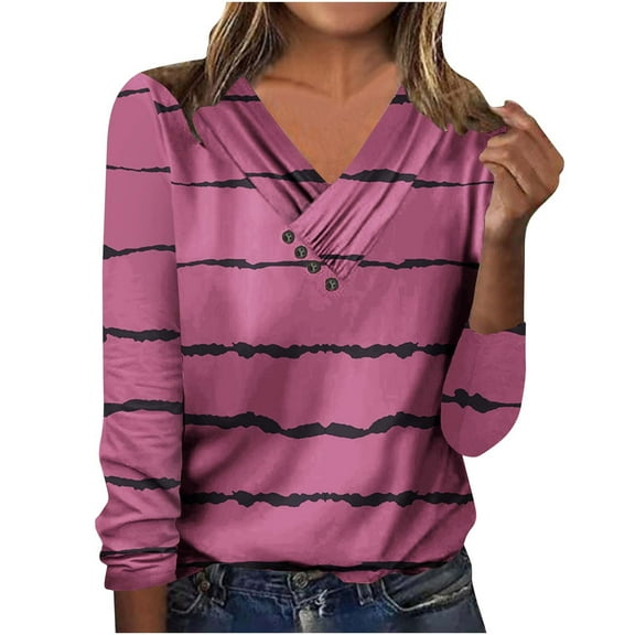 LYEAA Ladies Tops and Blouses Warm Long Sleeves V Neck Shirts Stylish Striped Winter Pullover Comfortable Dressy Casual Outfits Loose Lightweight Clothes with Decorative Buttons S