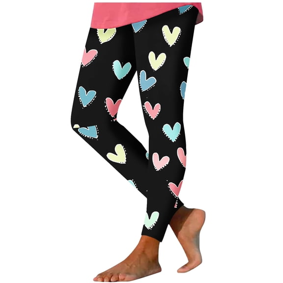 LYEAA Leggings for Women Plus Size Valentine's Day Elastic Waist Tights Stretchy Ankle Length Heart Printed Yoga Pants