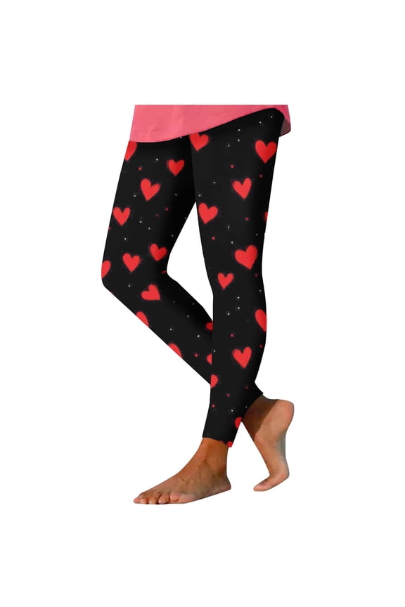 Leggings for Women Valentine's Day Elastic Waist Tights Stretchy Ankle Length Heart Printed Yoga Pants