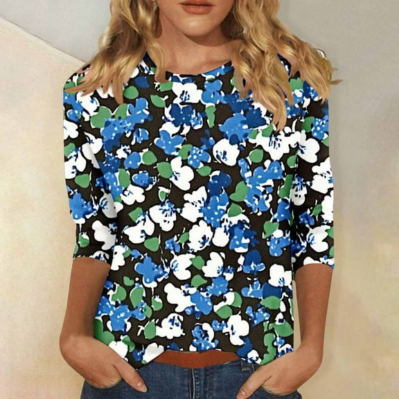 LYEAA Linen Cotton 3/4 Sleeve Tops Women Printed Round Neck T-Shirt Wrinkle Resistant Casual Beachwear Lounge Multicolor S
