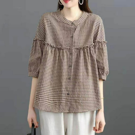 LYEAA Linen Cotton Blend 3/4 Sleeve Tops Women Oversized Round Neck Shirt Wrinkle Resistant Blouse for Office Dinner Coffee M