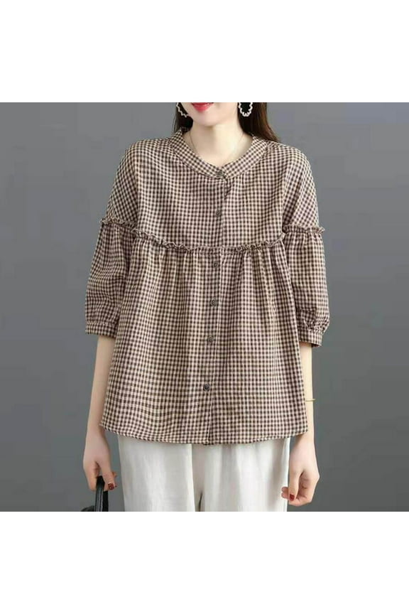 Linen Cotton Blend 3/4 Sleeve Tops Women Oversized Round Neck Shirt Wrinkle Resistant Blouse for Office Dinner Coffee XL