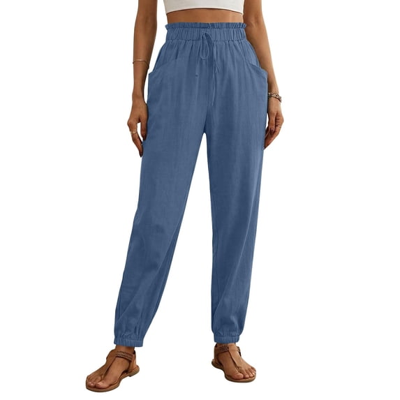 LYEAA Linen Joggers for Women Summer Elastic Waist Drawstring Loose Pant Solid Casual Trousers with Pockets