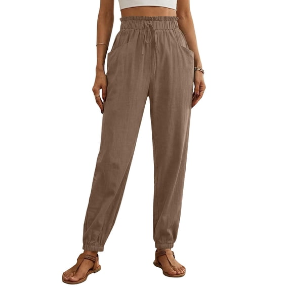 LYEAA Linen Joggers for Women Summer Elastic Waist Drawstring Loose Pant Solid Casual Trousers with Pockets