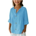 thumbnail image 1 of LYEAA Linen Shirts Toddler 3/4 Sleeve V Neck Tees Solid Button down Tunic Tops Breathable Loose Trendy Clothes, 1 of 7