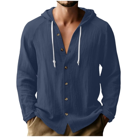 LYEAA Linen Shirts for Men Solid Hooded Long Sleeve Shirt Lightweight Breathable Button down Blouses Summer Tops