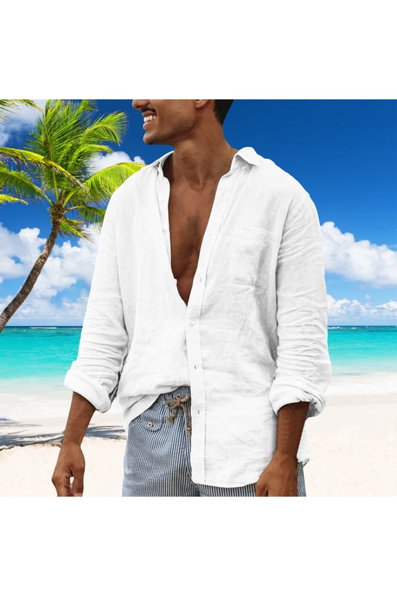Linen Tops Men Long Sleeve Collared Pullover Solid Button down Tunic Shirts Beach Holiday Clothes
