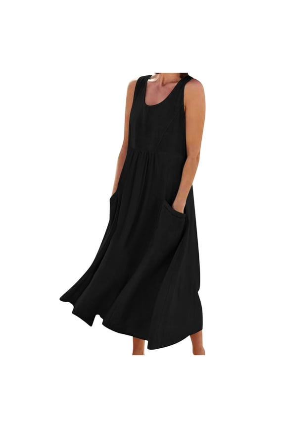 Long Dresses for Women Plus Size Crew Neck Sleeveless Flowy Elegant Dresses Solid Casual Dressy Loose Pullover Dresses Modest Vacation Dresses with Pockets Black 5XL
