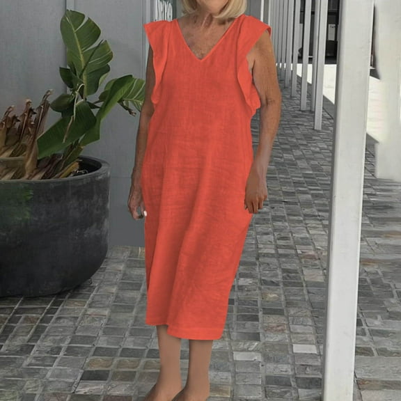 LYEAA Long Dresses for Women Plus Size Sleeveless Casual Elegant Loose A Line Tie Dress V Neck Solid Ruffle Fashion Flowy Modest Summer Beach Vacation Comfortable Dresses Red L