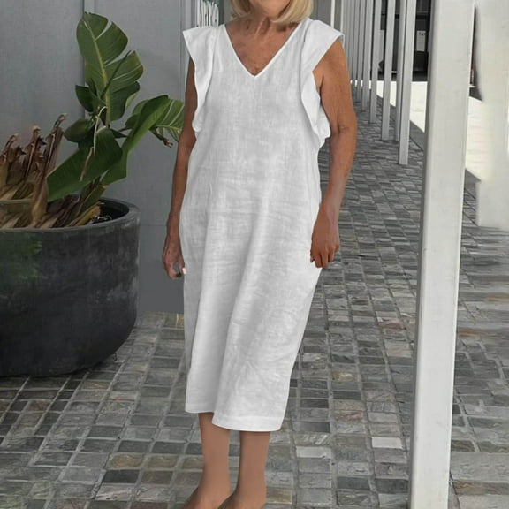 LYEAA Long Dresses for Women Plus Size Sleeveless Casual Elegant Loose A Line Tie Dress V Neck Solid Ruffle Fashion Flowy Modest Summer Beach Vacation Comfortable Dresses White L