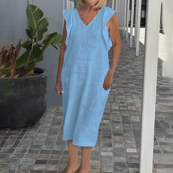 LYEAA Long Dresses for Women Plus Size Sleeveless Casual Elegant Loose A Line Tie Dress V Neck Solid Ruffle Fashion Flowy Modest Summer Beach Vacation Comfortable Dresses Blue L