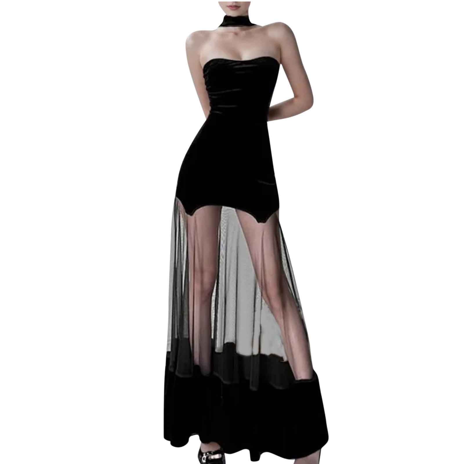 LYEAA Long Flowy Dresses for Women One Neck Off Shoulder Mesh Sheer