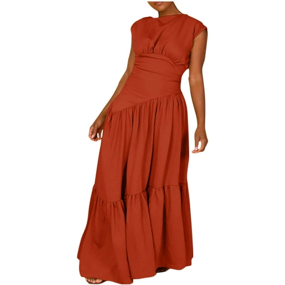 LYEAA Long Flowy Dresses for Women Wrap Dress Plus Size Crew Neck Sleeveless Ruffle Elegant Dresses Solid Casual Dressy Loose Zipper Dresses Modest Vacation Dresses Orange XL