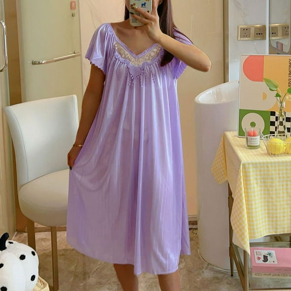 LYEAA Long Loose Nightgown Short Sleeve Satin Lace Cozy Summer Night Gowns Chemise Solid V Neck Casual Soft Pajamas Sleepwear Loungewear Fashion Breathable Elegant Women's Nightdress Purple One Size