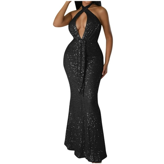 LYEAA Long Maxi Dresses for Women Sleeveless One Neck Glitter Sequin Dress Off Shoulder Elegant Dress Solid Color Cutout Evening Gown Cocktail Dress Fashion Dress Dress Black S