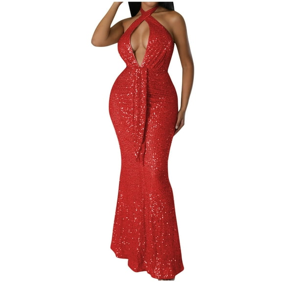 LYEAA Long Maxi Dresses for Women Sleeveless One Neck Glitter Sequin Dress Off Shoulder Elegant Dress Solid Color Cutout Evening Gown Cocktail Dress Fashion Dress Dress Red XL