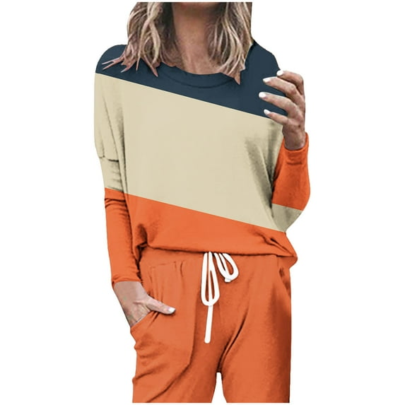 LYEAA Long Sleeve Shirts for Women Warm Crew Neck Tops Stylish Color Block Winter Pullover Comfortable Dressy Casual Outfits Loose Lightweight Clothes Orange XL