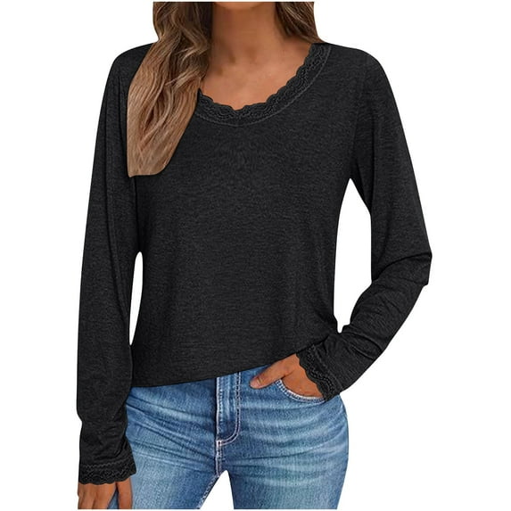 LYEAA Long Sleeve Shirts for Women V Neck Solid Color Lace Loose T-Shirts Casual Dressy Comfort Fashion Pullover Tops Black L