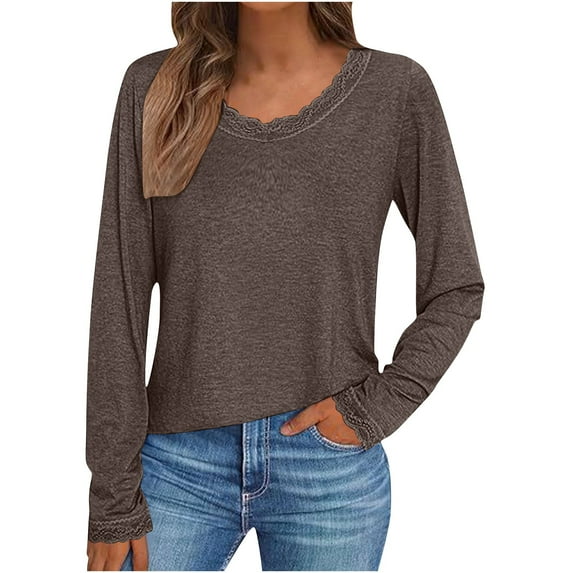 LYEAA Long Sleeve Shirts for Women V Neck Solid Color Lace Loose T-Shirts Casual Dressy Comfort Fashion Pullover Tops Brown M
