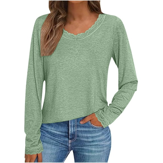 LYEAA Long Sleeve Shirts for Women V Neck Solid Color Lace Loose T-Shirts Casual Dressy Comfort Fashion Pullover Tops Green S