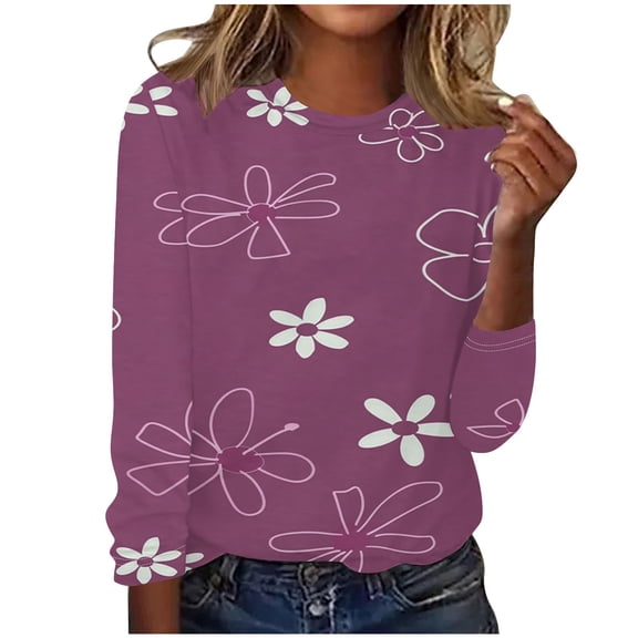 LYEAA Long Sleeve Tee Shirts for Women Plus Size Warm Crew Neck Tops Stylish Floral Print Winter Pullover Comfortable Dressy Casual Outfits Loose Lightweight Clothes S