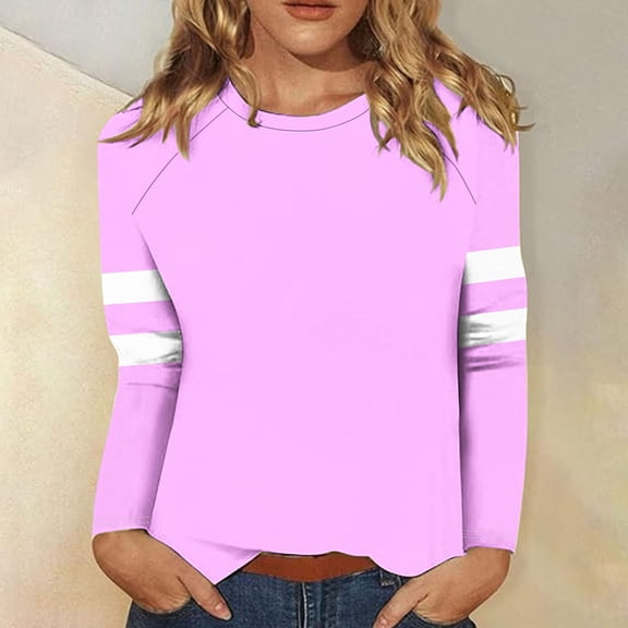 LYEAA Long Sleeve Tops for Women Plus Size Warm Crew Neck Shirts Stylish Striped Winter Pullover Comfortable Dressy Casual Outfits Loose Lightweight Clothes Purple M