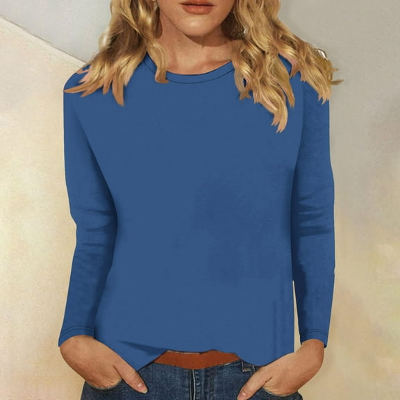 LYEAA Long Sleeve Tunic Tops for Women Plus Size Warm Crew Neck Shirts Stylish Solid Winter Pullover Comfortable Dressy Casual Outfits Loose Lightweight Clothes Blue L