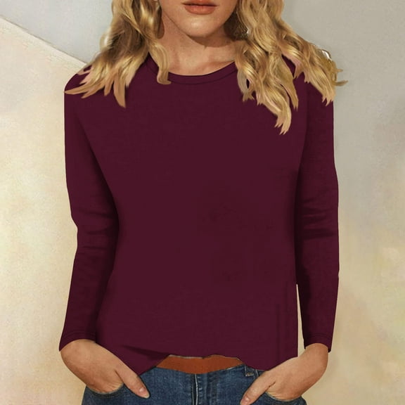 LYEAA Long Sleeve Tunic Tops for Women Plus Size Warm Crew Neck Shirts Stylish Solid Winter Pullover Comfortable Dressy Casual Outfits Loose Lightweight Clothes Red M