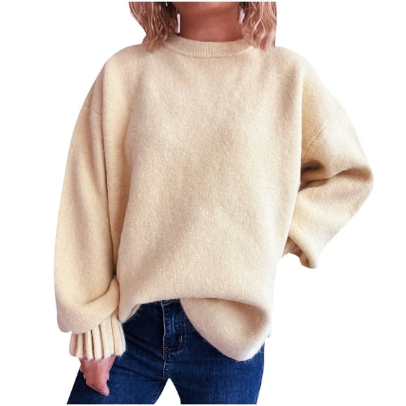LYEAA Loose Sweaters for Women Pleated Pullover Round Neck Solid Color Long Sleeved Casual Sweater Top