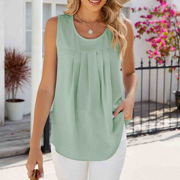 LYEAA Loose Tank Tops Women Plus Size Sleeveless Crew Neck Chiffon Pleated Summer Casual Tee Shirts Solid Flowy Beach Elegant Pullover Vest Breathable Soft Loungewear Going Out Clothes Green S