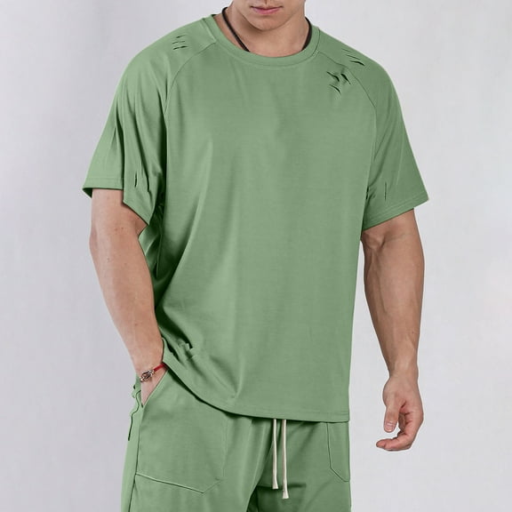 LYEAA Loose Workout Shirts Men Short Sleeves Crew Neck Athletic Summer Pullover T-shirts Solid Training Casual Soft Comfortable Breathable Men's Tops Green M