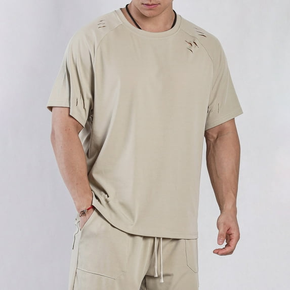 LYEAA Loose Workout Shirts Men Short Sleeves Crew Neck Athletic Summer Pullover T-shirts Solid Training Casual Soft Comfortable Breathable Men's Tops Beige XL