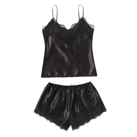 LYEAA Loungewear Sets Womens Valentine's Day Two-piece Soft Satin Nightwear Lace V Neck Sling Tops with Shorts Cozy Pajamas Ladies Solid Loose Casual Sleepwear Sleepsuits Black XL