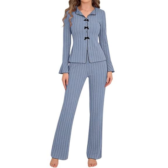 LYEAA Loungewear for Women 2 Piece Set Long Sleeve Bow Button down Shirt and Pant Ribbed 2 Piece Pjs Trendy Pajama Sets