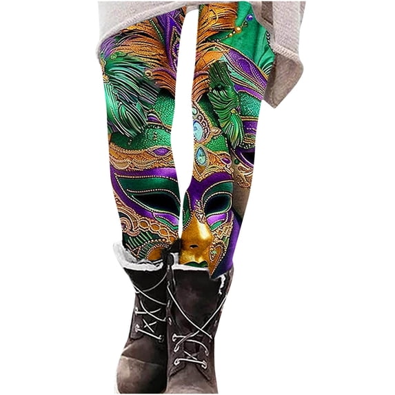 LYEAA Mardi Gras Leggings for Women Mardi Gras Elastic Waist Tights Stretchy Ankle Length Mask Print Yoga Pants