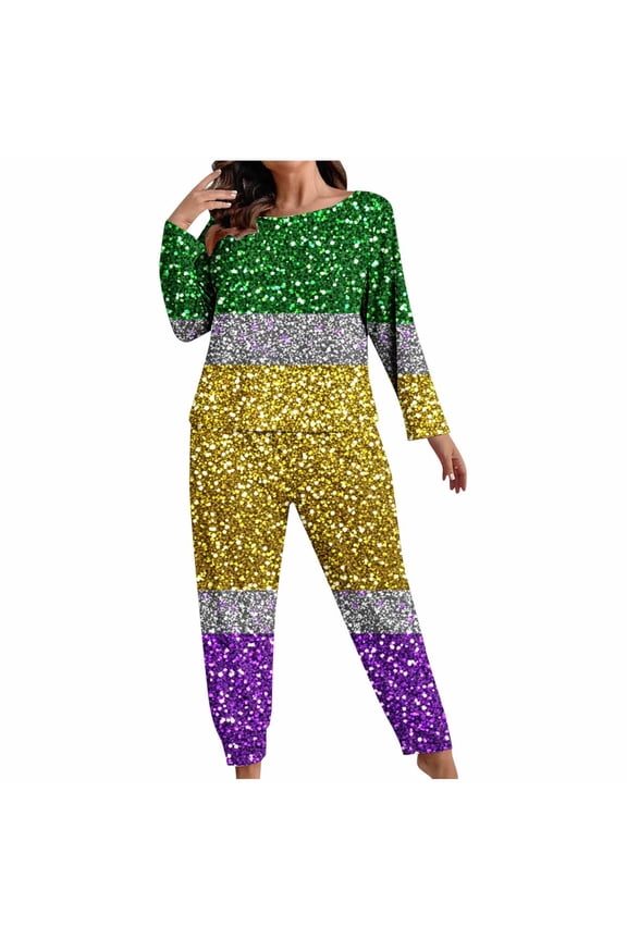 Mardi Gras Pajamas for Women Plus Size Carnival Sequin Printed Long Sleeve Top and Pant Sleepwear Breathable Nightwear