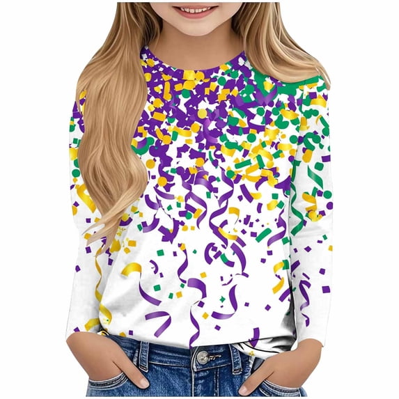 LYEAA Mardi Gras Shirt Toddler Girls Boys Crewneck Long Sleeve Pullover Tees Carnival Graphic Print Blouses Party Tops