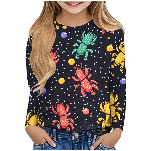 LYEAA Mardi Gras Shirts for Kids Crewneck Long Sleeve Pullover Tees Carnival Graphic Print Blouses Lightweight Party Tops