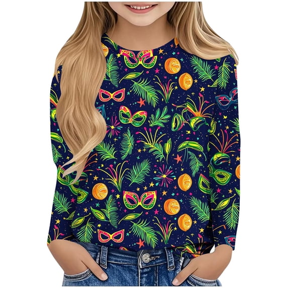 LYEAA Mardi Gras Shirts for Kids Crewneck Long Sleeve Pullover Tees Carnival Mask Print Blouses Lightweight Party Tops