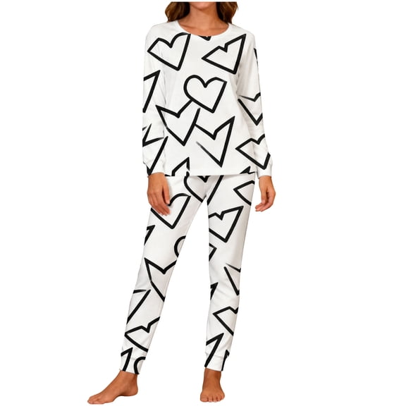 LYEAA Matching Couple Pajama Sets Crewneck Heart Print Long Sleeve Top and Pant Sleepwear Holiday Loungewear with Pocket