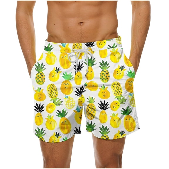 LYEAA Men Swim Trunks Plus Size Elastic Waist Summer Beach Big Men's Swimming Shorts Hawaiian Colorful Pineapple Print Surf Board Casual Athletic Trendy Comfortable Swimsuit with Pockets Yellow 3XL