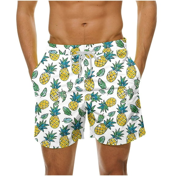 LYEAA Men Swim Trunks Short Elastic Waist Summer Beach Big Men's Shorts Hawaiian Pineapple Printed Drawstring Surf Board Shorts Casual Athletic Trendy Comfortable Swimsuit with Pockets White M