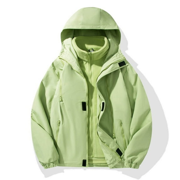 LYEAA Men's Plus Size Removable Thermal Liner Rainjacket Windproof and Waterproof Fit Solid Color Zipper Long Sleeved Hooded Jacket Casual Winter Outdoor Coat Green XXXL