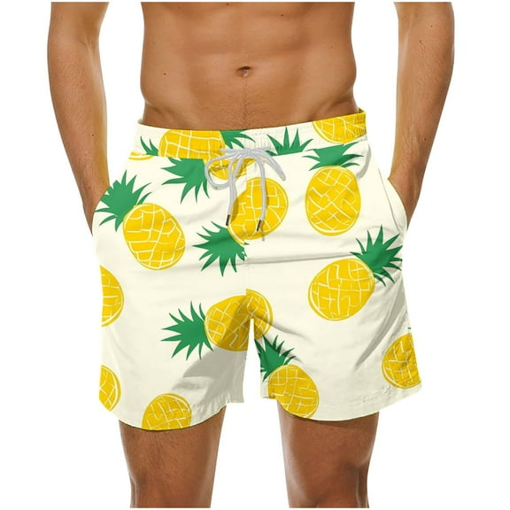 LYEAA Mens Board Shorts Elastic Waist Summer Beach Big Men's Swimming Trunks Hawaiian Colorful Pineapple Printed Drawstring Surfing Shorts Casual Sports Fashion Comfort Swimsuit with Pockets White L