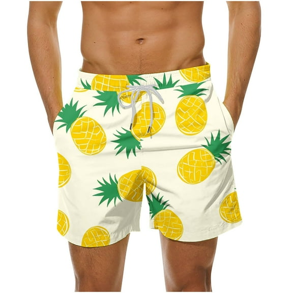 LYEAA Mens Board Shorts Elastic Waist Summer Beach Big Men's Swimming Trunks Hawaiian Colorful Pineapple Printed Surfing Shorts Casual Sports Fashion Comfort Swimsuit with Pockets White 2XL